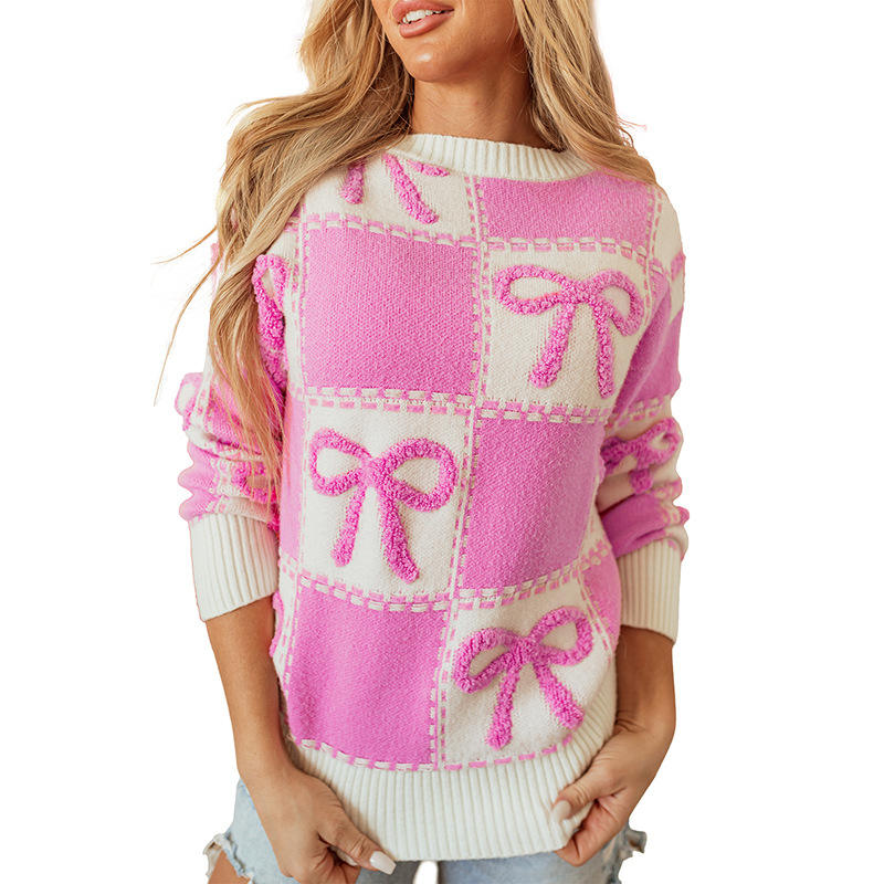 Loose Pink Bow Women's Sweater Fashion O-Neck Long Sleeve Sweater Lady Elegant Chic Pullover Top Female Clothing