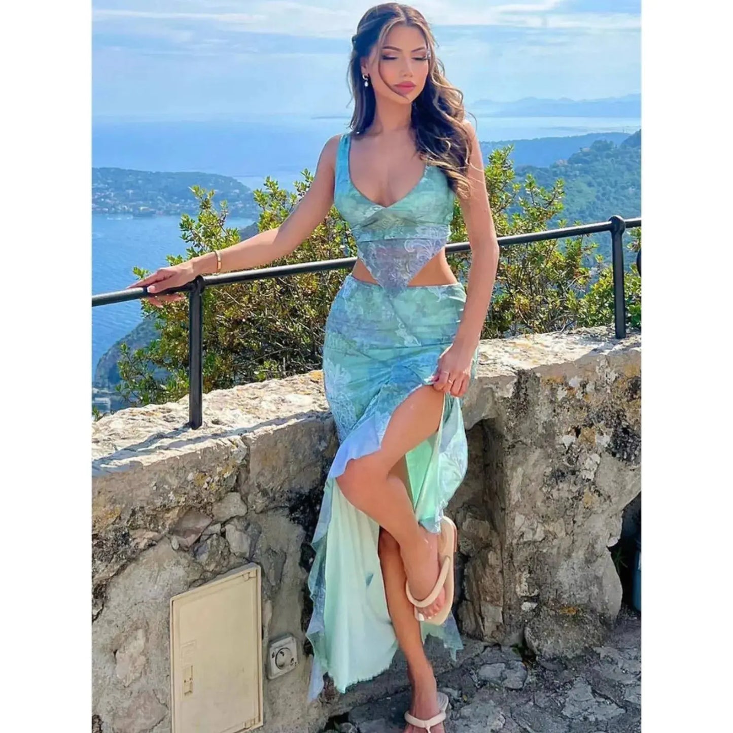 High Split Female Long Skirt Outfits See-Through Print 2 Piece-Set Women Lace-Up Backless Top And Maxi Skirt Set Natalia Home Fashion