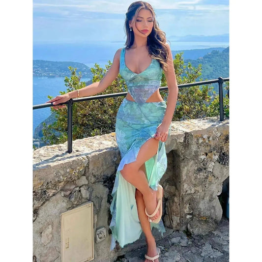 High Split Female Long Skirt Outfits See-Through Print 2 Piece-Set Women Lace-Up Backless Top And Maxi Skirt Set Natalia Home Fashion