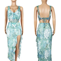 High Split Female Long Skirt Outfits See-Through Print 2 Piece-Set Women Lace-Up Backless Top And Maxi Skirt Set Natalia Home Fashion
