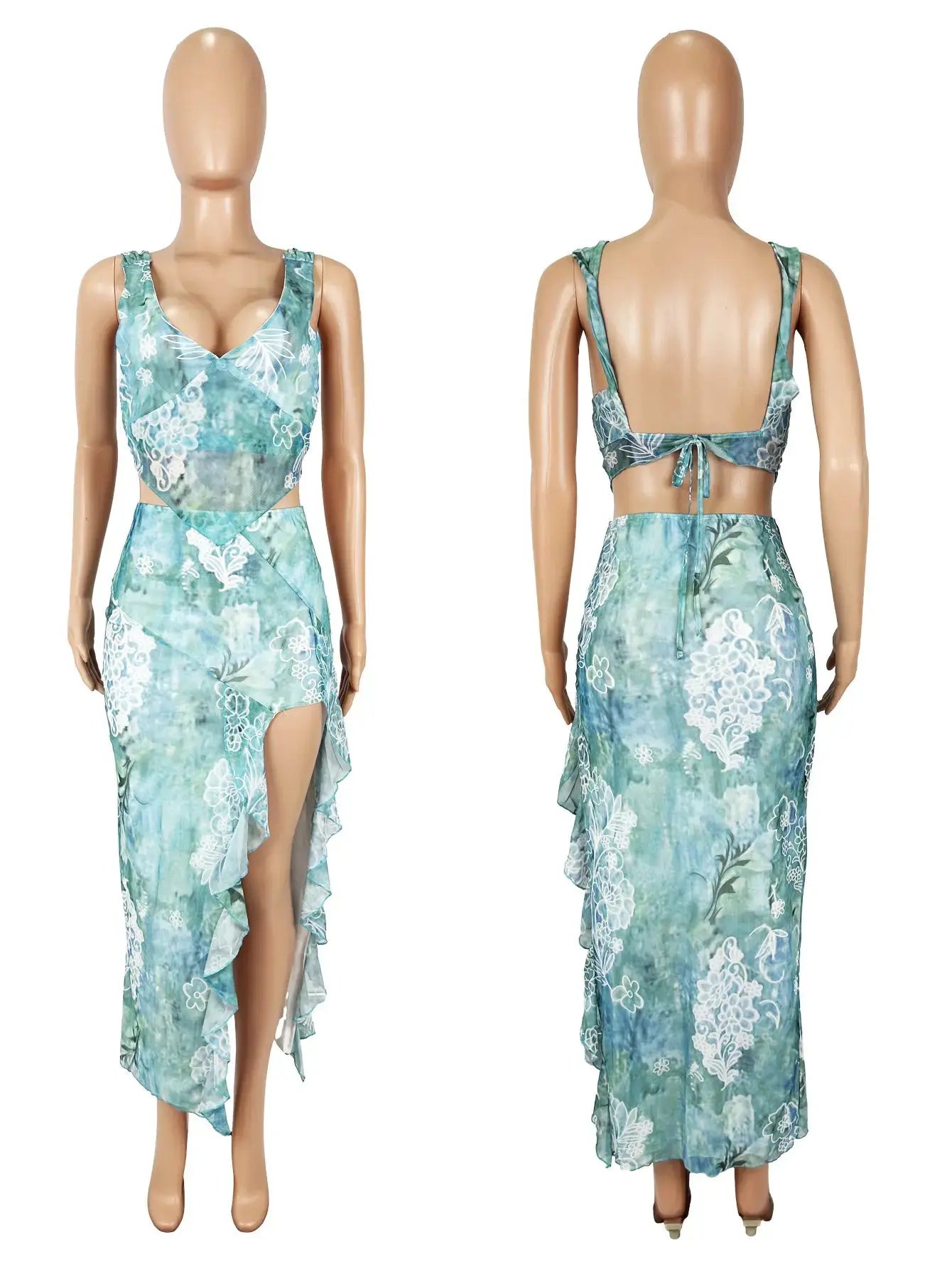 High Split Female Long Skirt Outfits See-Through Print 2 Piece-Set Women Lace-Up Backless Top And Maxi Skirt Set Natalia Home Fashion