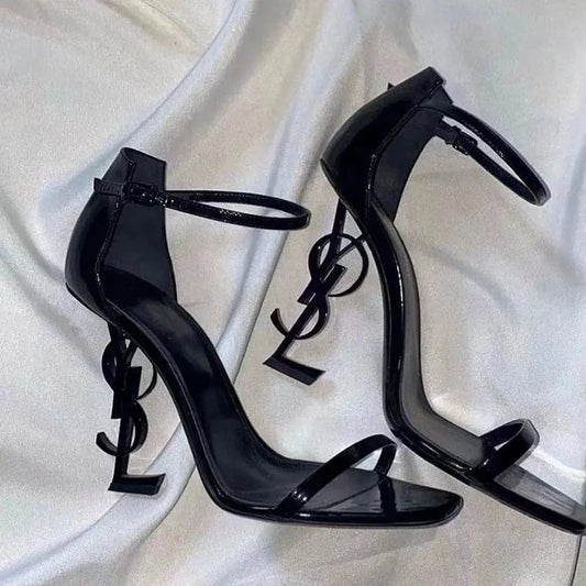 High quality one-line sandals women black patent leather sexy letter heels women Natalia Home Fashion    Natalia Home Fashion