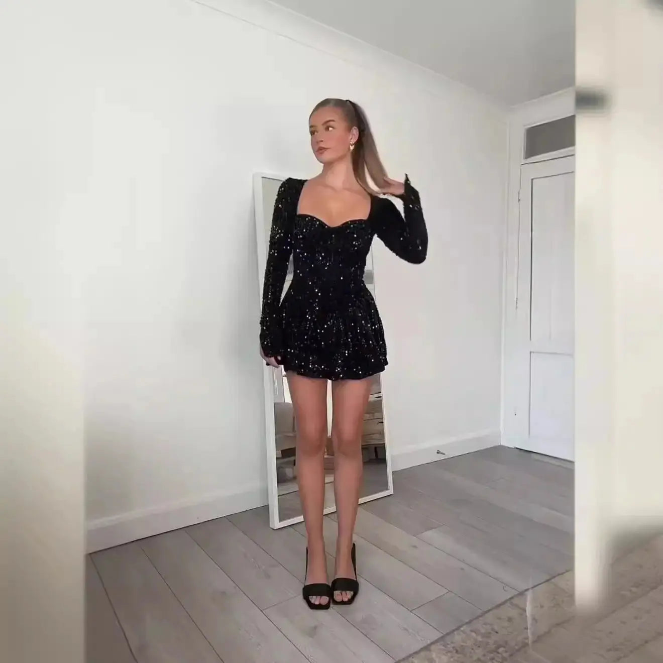 Holiday Evening Party Dress Women New Elegant Sparkling Long Sleeve Dress Christmas Shiny Sequin Mini Dress My Store