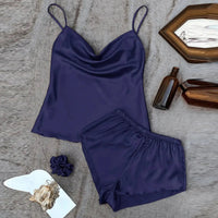 Ice Silk pajama women's sleepwear thin home Suspender Shorts set Sexy lightweight two-piece pajama set My Store Midnight Rebel   Natalia Home Fashion