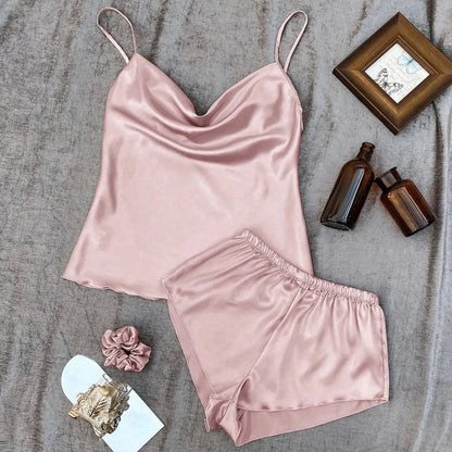 Ice Silk pajama women's sleepwear thin home Suspender Shorts set Sexy lightweight two-piece pajama set My Store Midnight Rebel   Natalia Home Fashion