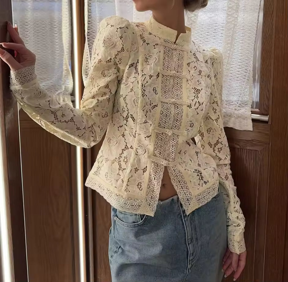 Vintage Blouse, Elegant Embroidery Puff Sleeve Hollow Out Lace Stand Collar Semi Formal Summer Top Natalia Home Fashion    Natalia Home Fashion