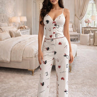 Women's 2-piece printed sleepwear semi transparent mesh casual printed vest elastic waist pants summer transparent mesh Pajama Suit