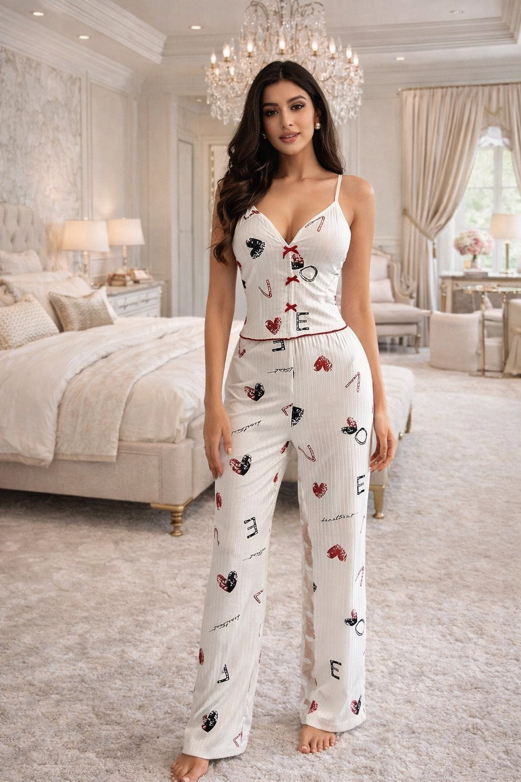 Women's 2-piece printed sleepwear semi transparent mesh casual printed vest elastic waist pants summer transparent mesh Pajama Suit