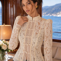 Vintage Blouse, Elegant Embroidery Puff Sleeve Hollow Out Lace Stand Collar Semi Formal Summer Top Natalia Home Fashion    Natalia Home Fashion