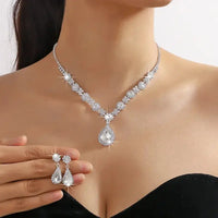 Jewelry Sets Women Elegant Waterdrop Rhinestone Pendant Necklace stud Earrings Wedding Dress Bridal Jewelry Set Natalia Home Fashion   White Natalia Home Fashion