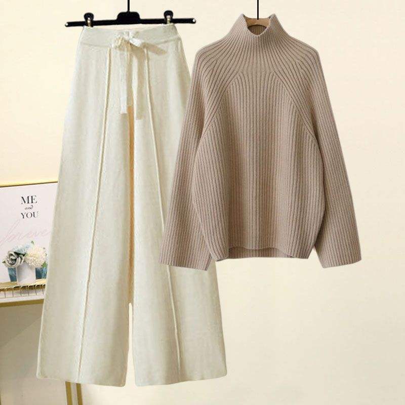 Women Chic Casual Half High Collar Sweater Wide Leg Pants Sets Lady Loose Knit Pullover Trousers Outfits Knitwear Natalia Home Fashion    Natalia Home Fashion