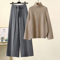 Women Chic Casual Half High Collar Sweater Wide Leg Pants Sets Lady Loose Knit Pullover Trousers Outfits Knitwear Natalia Home Fashion    Natalia Home Fashion