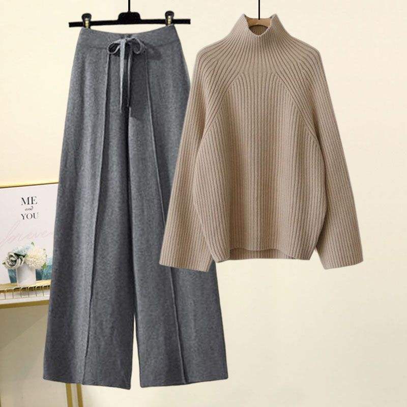 Women Chic Casual Half High Collar Sweater Wide Leg Pants Sets Lady Loose Knit Pullover Trousers Outfits Knitwear Natalia Home Fashion    Natalia Home Fashion