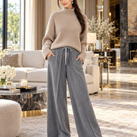 Women Chic Casual Half High Collar Sweater Wide Leg Pants Sets Lady Loose Knit Pullover Trousers Outfits Knitwear Natalia Home Fashion    Natalia Home Fashion