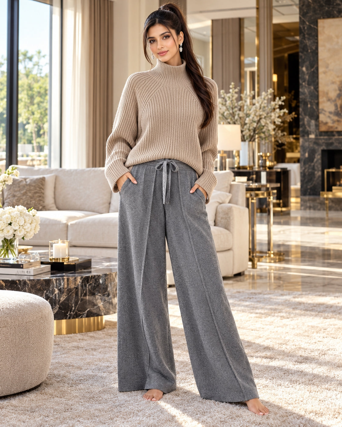 Women Chic Casual Half High Collar Sweater Wide Leg Pants Sets Lady Loose Knit Pullover Trousers Outfits Knitwear Natalia Home Fashion    Natalia Home Fashion