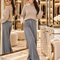 Women Chic Casual Half High Collar Sweater Wide Leg Pants Sets Lady Loose Knit Pullover Trousers Outfits Knitwear Natalia Home Fashion    Natalia Home Fashion