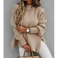 Solid Color Simple Semi-high Collar Long-sleeved Split Pullover Sweater Women's Loose Casual Knitted Sweater Natalia Home Fashion    Natalia Home Fashion