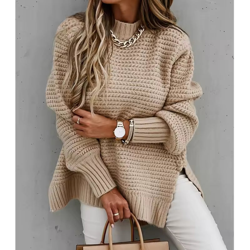Solid Color Simple Semi-high Collar Long-sleeved Split Pullover Sweater Women's Loose Casual Knitted Sweater Natalia Home Fashion    Natalia Home Fashion