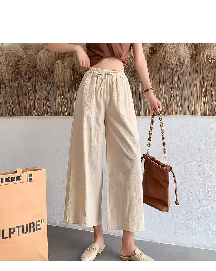 Casual Baggy Wide Leg Trousers Women Summer Thin Comfy Breathable Ankle Length Pants Vintage Loose Cotton Linen Straight Pants