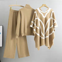 Casual Suit Women's Temperament Lazy Wind Knitted Sweater Shawl Cape Wide-leg Pants Three-piece Set Natalia Home Fashion    Natalia Home Fashion