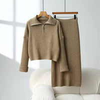 Loose Knitted Sweater Set Casual Fashion Artistic Vintage Style Half-Zip Collared Knitwear Two-Piece Set Natalia Home Fashion    Natalia Home Fashion