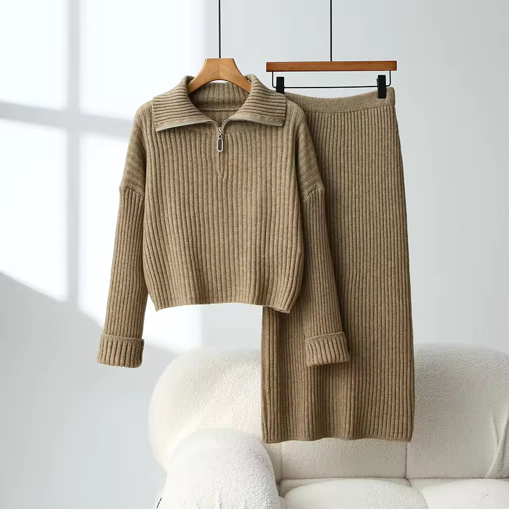 Loose Knitted Sweater Set Casual Fashion Artistic Vintage Style Half-Zip Collared Knitwear Two-Piece Set Natalia Home Fashion    Natalia Home Fashion