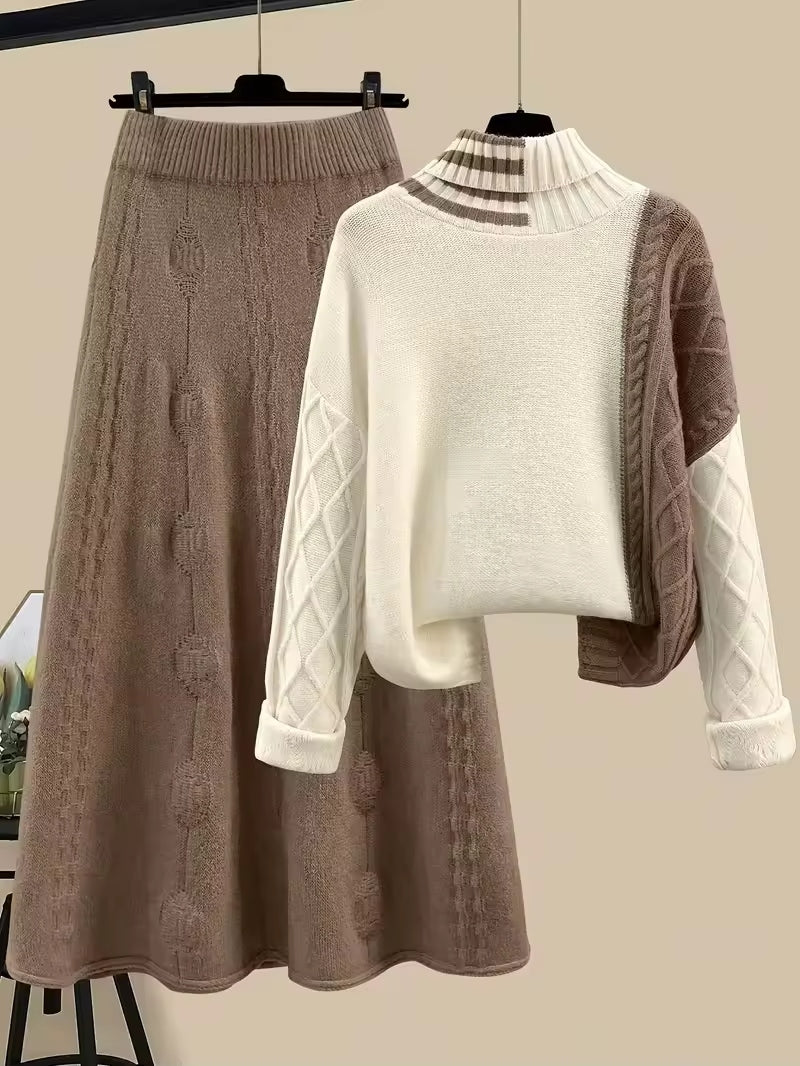 Women's Cable Knit Two Piece Set: High Neck Long Sleeve Sweater & A-Line Midi Skirt, Casual Elegant Pullover Outfit Natalia Home Fashion    Natalia Home Fashion