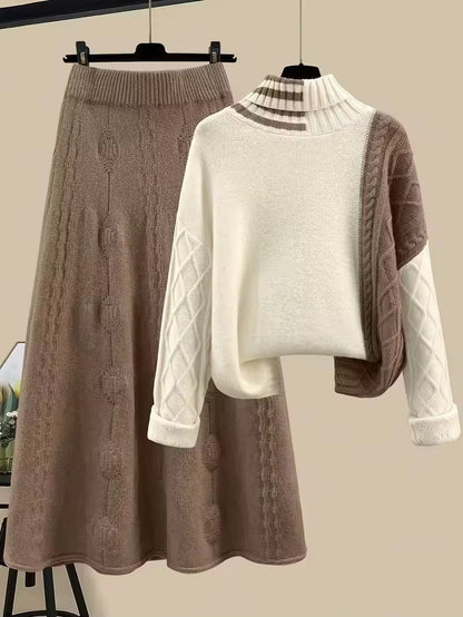 Women's Cable Knit Two Piece Set: High Neck Long Sleeve Sweater & A-Line Midi Skirt, Casual Elegant Pullover Outfit Natalia Home Fashion    Natalia Home Fashion