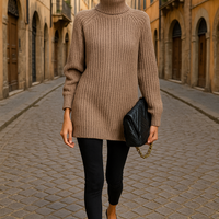 Turtlenecks Women Pullovers Mid-Long Casual Knit Sweater Fad Raglan Sleeves Side Slit Sweater New Skirt-style Jumper