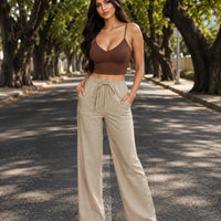 Women Cotton Linen Pants Solid Color Elastic Loose Drawstring Wide-Leg High Waist Trousers Female Stretch Straight Casual Pants