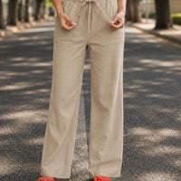Women Cotton Linen Pants Solid Color Elastic Loose Drawstring Wide-Leg High Waist Trousers Female Stretch Straight Casual Pants
