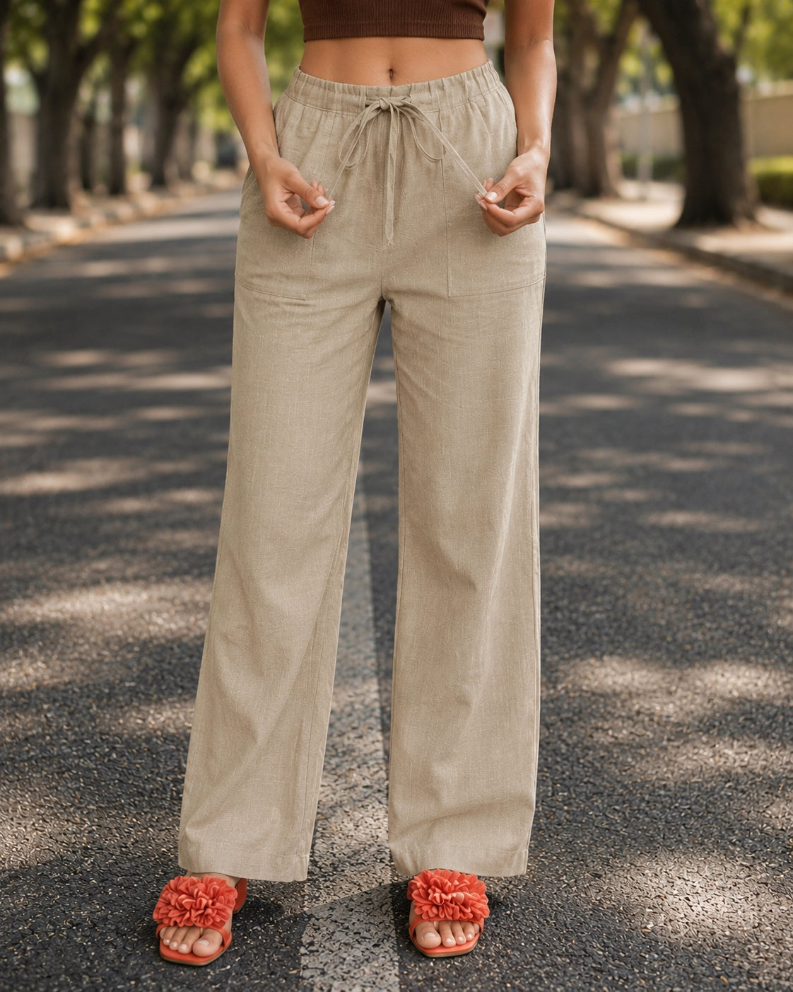 Women Cotton Linen Pants Solid Color Elastic Loose Drawstring Wide-Leg High Waist Trousers Female Stretch Straight Casual Pants