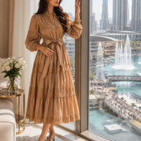 Elegant Hollow Out Organza Long Maxi Dresses Shirt Women  Layer Ruffle Full Sleeve Pearl Evening Party Dress