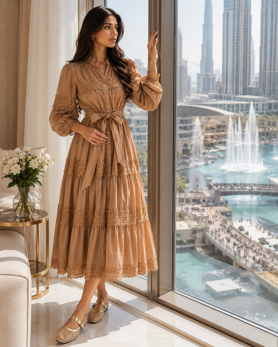 Elegant Hollow Out Organza Long Maxi Dresses Shirt Women  Layer Ruffle Full Sleeve Pearl Evening Party Dress