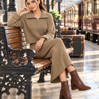 Loose Knitted Sweater Set Casual Fashion Artistic Vintage Style Half-Zip Collared Knitwear Two-Piece Set Natalia Home Fashion    Natalia Home Fashion