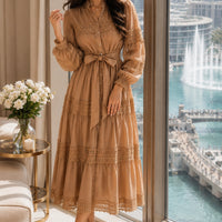 Elegant Hollow Out Organza Long Maxi Dresses Shirt Women  Layer Ruffle Full Sleeve Pearl Evening Party Dress