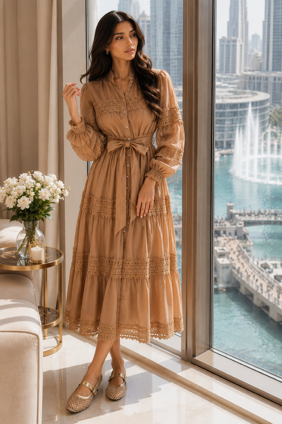 Elegant Hollow Out Organza Long Maxi Dresses Shirt Women  Layer Ruffle Full Sleeve Pearl Evening Party Dress