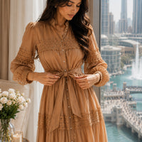 Elegant Hollow Out Organza Long Maxi Dresses Shirt Women  Layer Ruffle Full Sleeve Pearl Evening Party Dress
