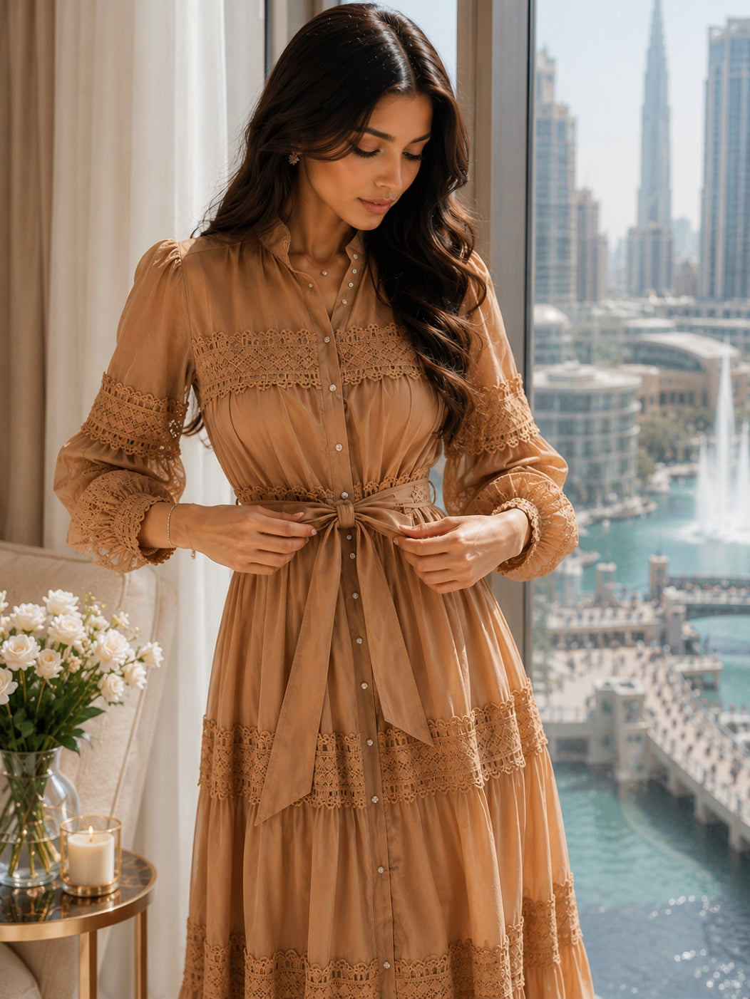 Elegant Hollow Out Organza Long Maxi Dresses Shirt Women  Layer Ruffle Full Sleeve Pearl Evening Party Dress
