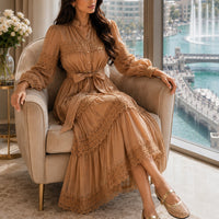 Elegant Hollow Out Organza Long Maxi Dresses Shirt Women  Layer Ruffle Full Sleeve Pearl Evening Party Dress
