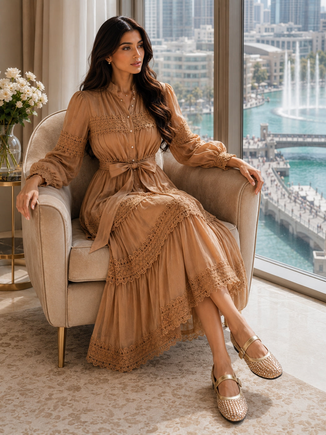 Elegant Hollow Out Organza Long Maxi Dresses Shirt Women  Layer Ruffle Full Sleeve Pearl Evening Party Dress