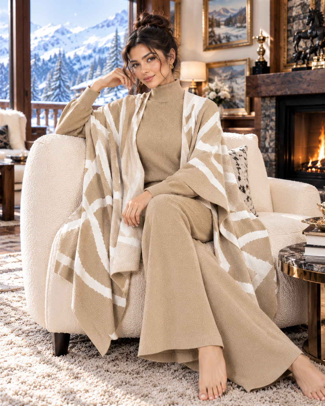 Casual Suit Women's Temperament Lazy Wind Knitted Sweater Shawl Cape Wide-leg Pants Three-piece Set Natalia Home Fashion    Natalia Home Fashion