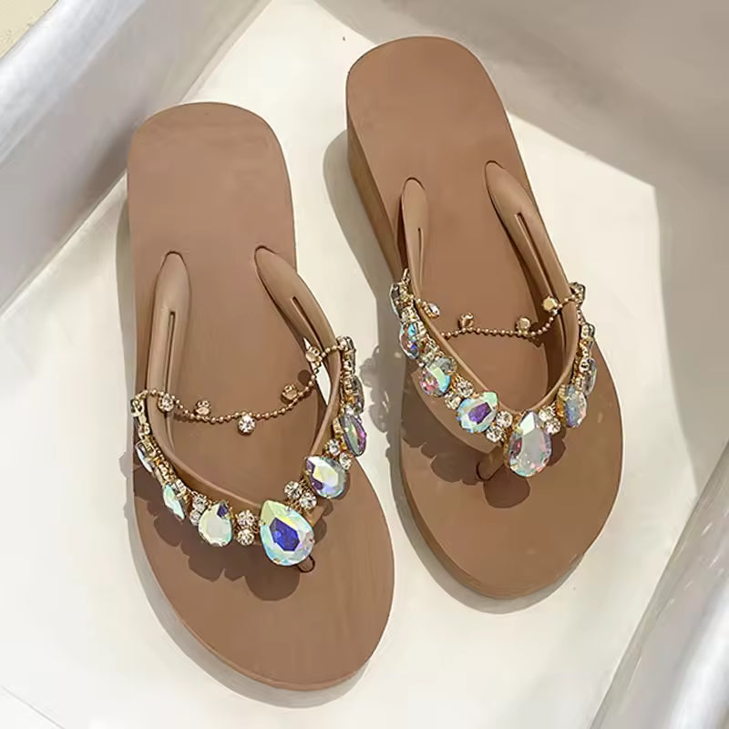 Women Slippers Fashion Summer New Water Diamond Flip Flops Women Outwear Thick Sole Slope Heels Beach Vacation Slippers