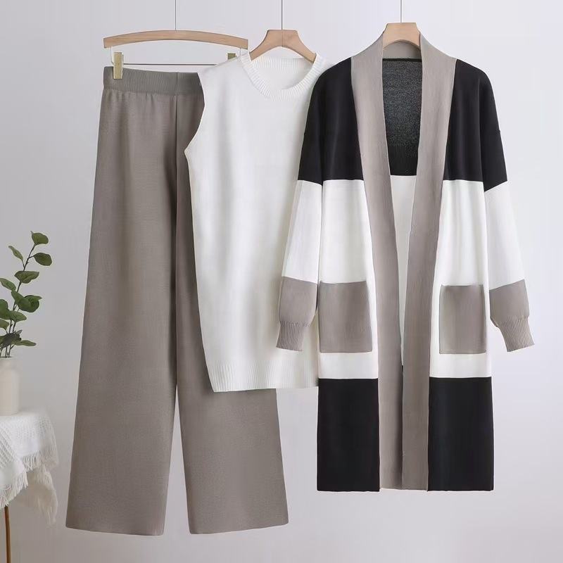 Women's 3PC Knit Set - Cardigan Tank Top Wide Leg Pants  Cross-Border Outfit Natalia Home Fashion    Natalia Home Fashion