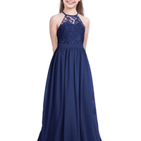 Kids Chiffon Floral Lace Cutout Back Flower Girl Dress Childs Girls Children Wedding Birthday Party Clothes Natalia Home Fashion Dress  Navy-Blue-A-10 Natalia Home Fashion