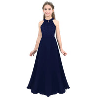 Kids Chiffon Floral Lace Cutout Back Flower Girl Dress Childs Girls Children Wedding Birthday Party Clothes Natalia Home Fashion Dress  Navy-Blue-14 Natalia Home Fashion