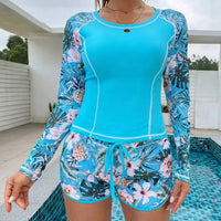 Tankini Women Swimsuit Tropical Print Bikini Set Long Sleeve Swimwear Summer Shorts Beachwear Female Bathing Suit