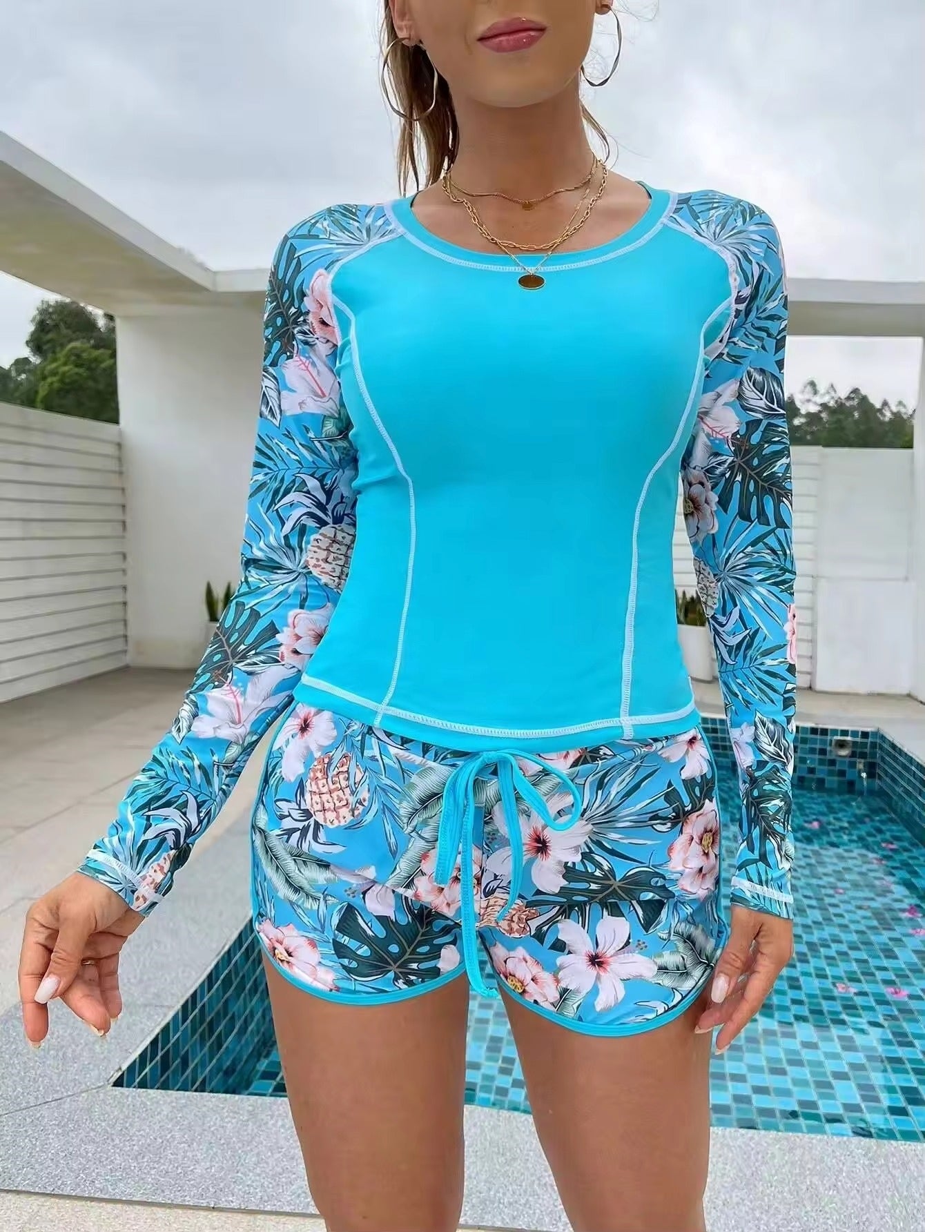 Tankini Women Swimsuit Tropical Print Bikini Set Long Sleeve Swimwear Summer Shorts Beachwear Female Bathing Suit