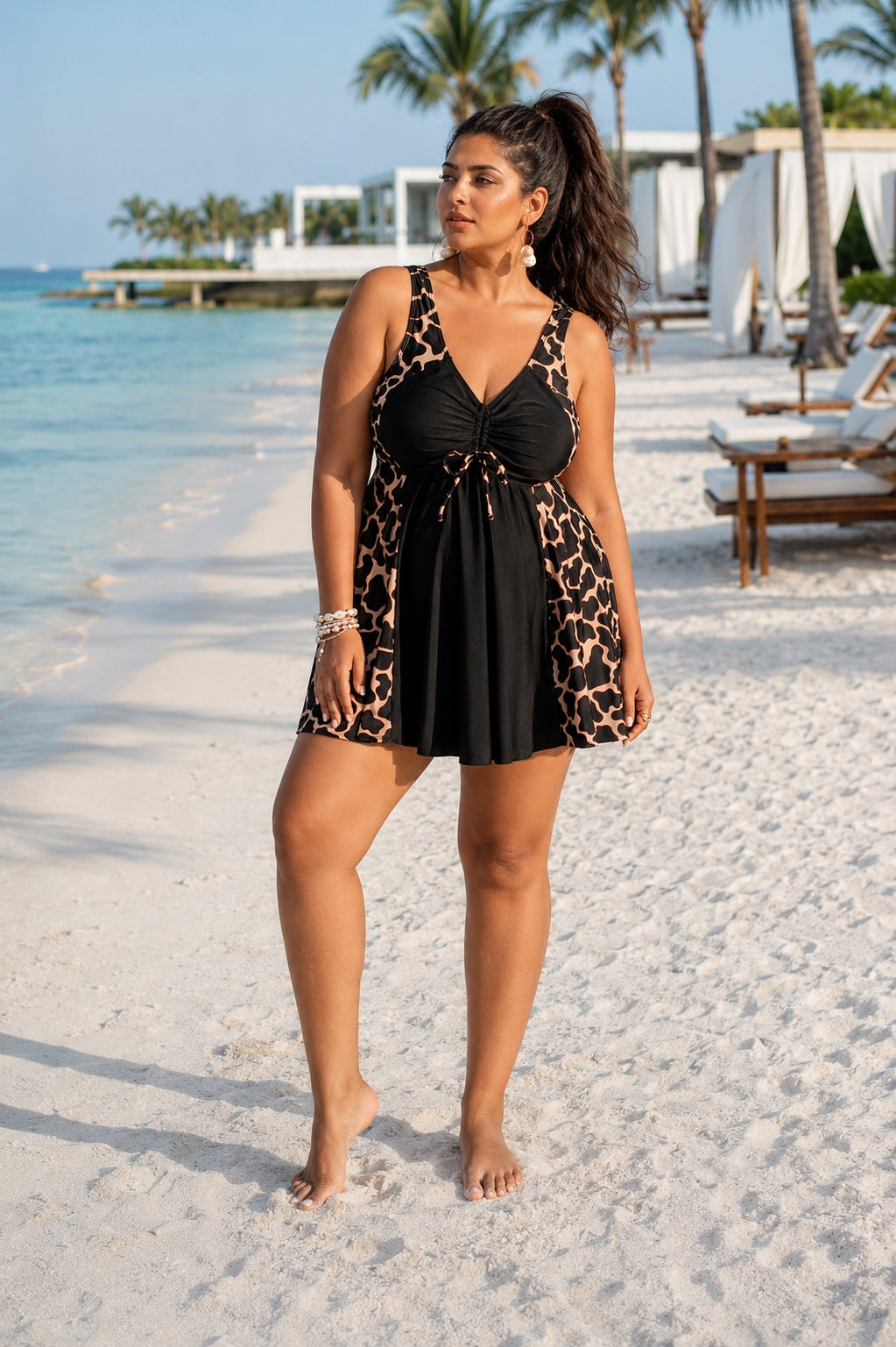 Oversize Bikini for Women Print Patchwork Dress Split Swimsuit V-neck Suspender Backless Beach Vacation Swimwear Summer