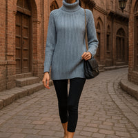 Turtlenecks Women Pullovers Mid-Long Casual Knit Sweater Fad Raglan Sleeves Side Slit Sweater New Skirt-style Jumper